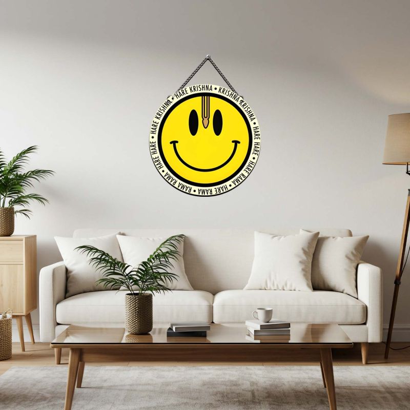 Hare Krishna Hare Rama Mantra With Smiley Face Wall Hanging Decoration for Home Entrance, Pooja Room, and Office Meditation Spaces Decor Positive Vibes Spiritual Art